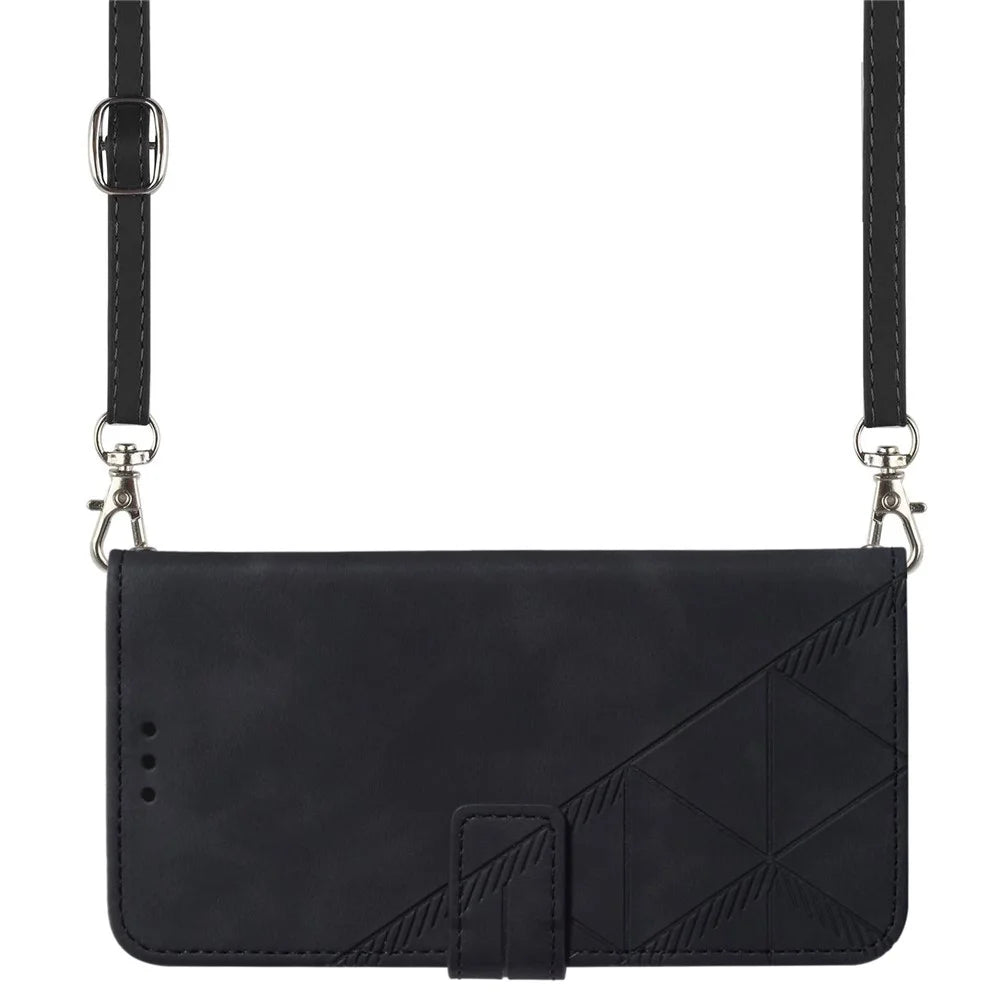 For iPhone 14 6.1 inch YB Imprinting Series-2 Business Style Imprinted Lines Case Wallet Stand PU Leather Phone Cover with Shoulder Strap - Black - 6