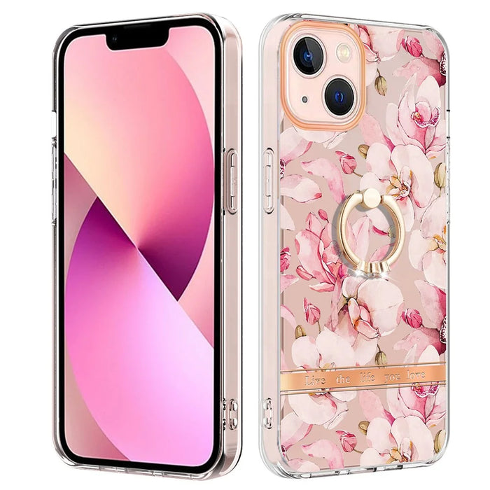 For iPhone 14 Back Cover with Ring Kickstand Flower Pattern Electroplating TPU Case - HC005 Pink Gardenia - 1