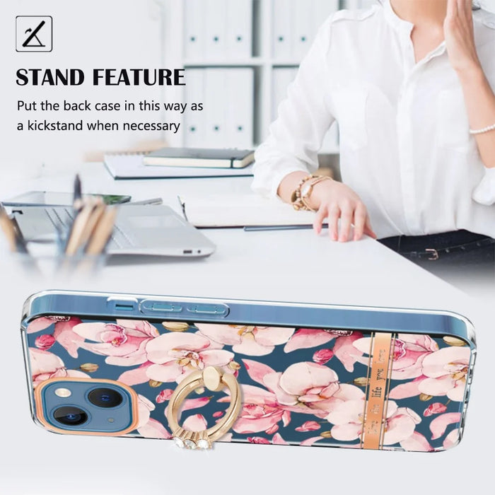 For iPhone 14 Back Cover with Ring Kickstand Flower Pattern Electroplating TPU Case - HC005 Pink Gardenia - 2