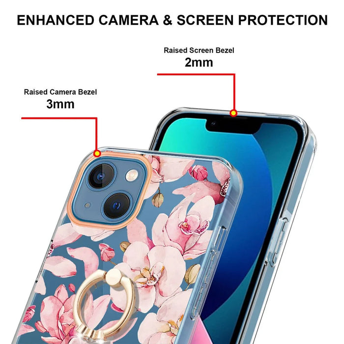 For iPhone 14 Back Cover with Ring Kickstand Flower Pattern Electroplating TPU Case - HC005 Pink Gardenia - 3