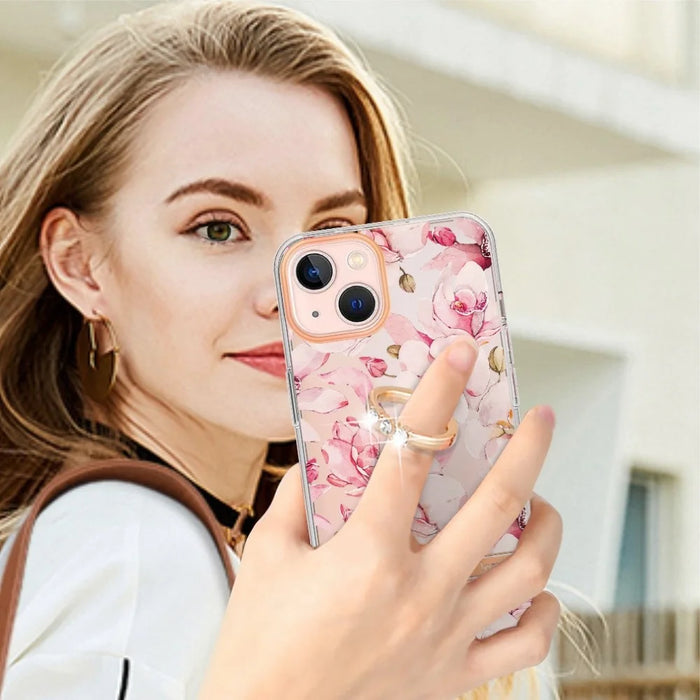 For iPhone 14 Back Cover with Ring Kickstand Flower Pattern Electroplating TPU Case - HC005 Pink Gardenia - 4