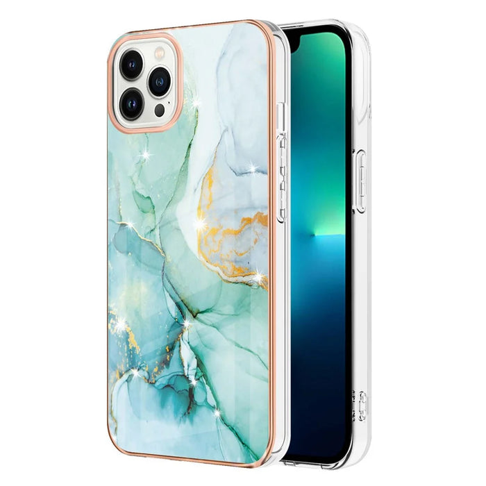For iPhone 14 Pro Max 6.7 inch TPU Case with IMD Marble Pattern Electroplated Back Cover - Green 003 - 1