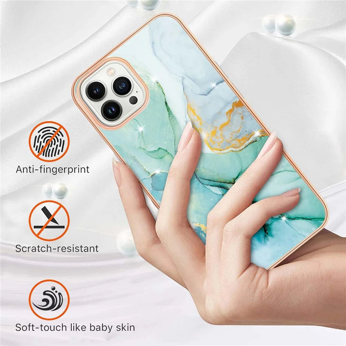 For iPhone 14 Pro Max 6.7 inch TPU Case with IMD Marble Pattern Electroplated Back Cover - Green 003 - 2