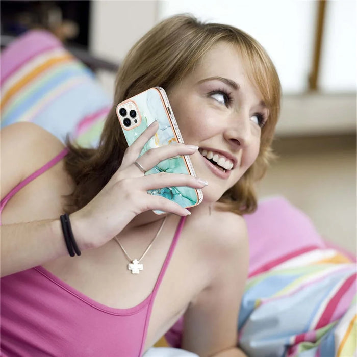 For iPhone 14 Pro Max 6.7 inch TPU Case with IMD Marble Pattern Electroplated Back Cover - Green 003 - 5