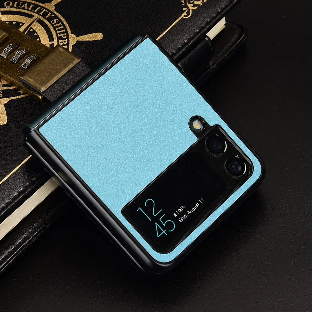 For Samsung Galaxy Z Flip4 5G Anti-wear Litchi Texture PU Leather Coated PC Case Drop-proof Cell Phone Cover - Baby Blue - 5