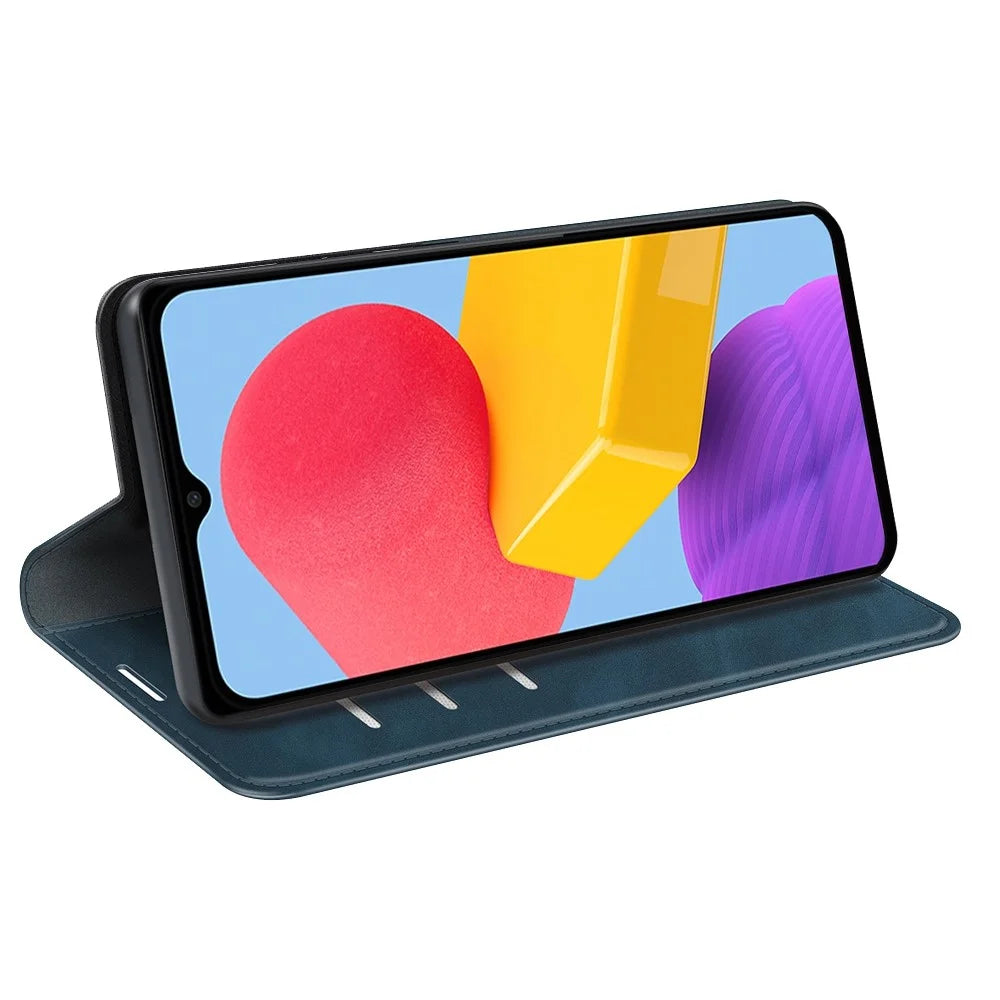 For Samsung Galaxy M13 4G Skin-touch PU Leather Phone Case Auto Closure Magnetic Folio Flip Cover with Wallet Stand - Blue - 3