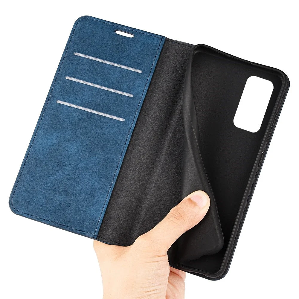 For Samsung Galaxy M13 4G Skin-touch PU Leather Phone Case Auto Closure Magnetic Folio Flip Cover with Wallet Stand - Blue - 4