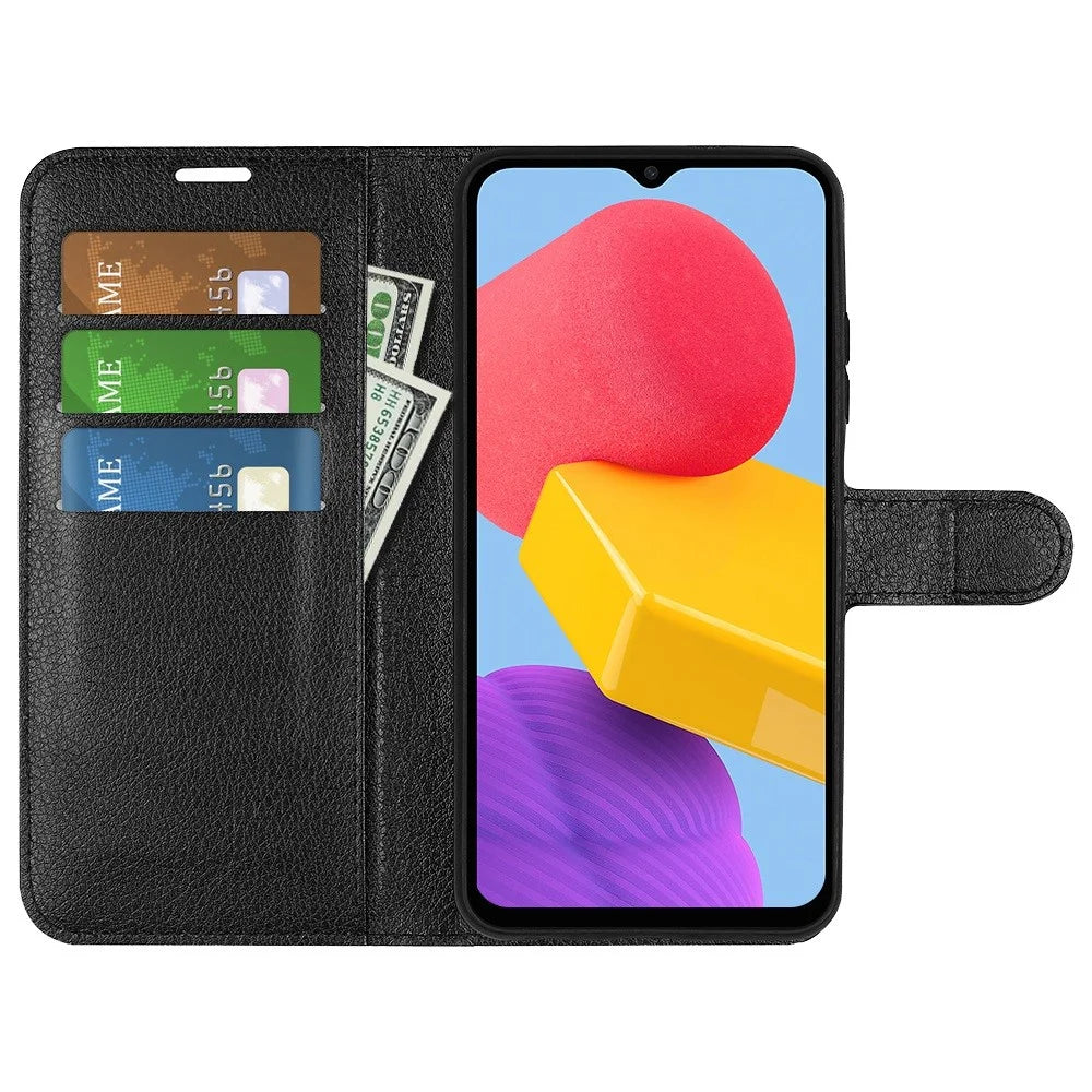 For Samsung Galaxy M13 4G Anti-scratch Litchi Texture PU Leather Case, Shockproof Wallet Stand Folio Flip Phone Cover - Black - 2