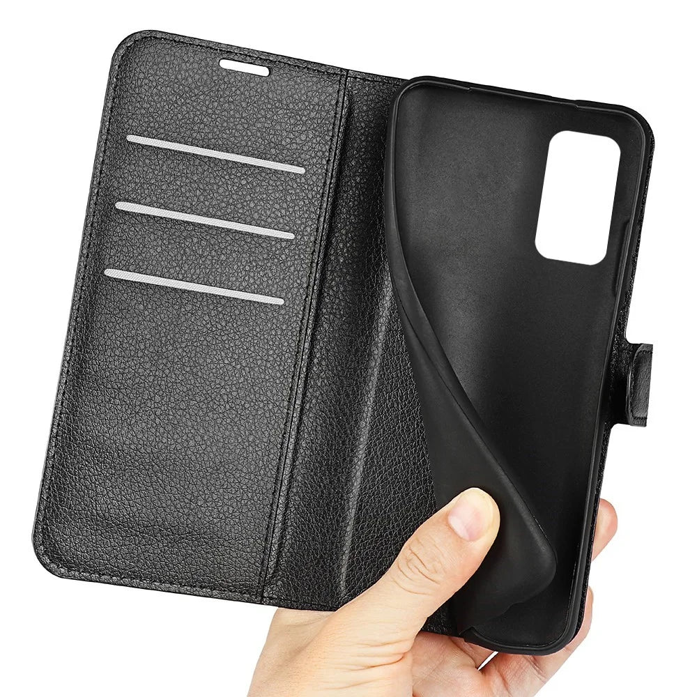 For Samsung Galaxy M13 4G Anti-scratch Litchi Texture PU Leather Case, Shockproof Wallet Stand Folio Flip Phone Cover - Black - 4