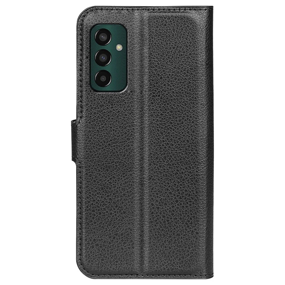 For Samsung Galaxy M13 4G Anti-scratch Litchi Texture PU Leather Case, Shockproof Wallet Stand Folio Flip Phone Cover - Black - 6