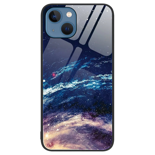 For iPhone 14 Plus 6.7 inch Tempered Glass Phone Case, Anti-scratch Pattern Printing Hard PC+Soft TPU Cellphone Cover - The Milky Way - 1