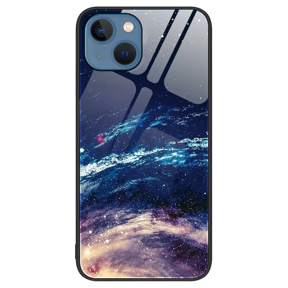 For iPhone 14 6.1 inch Shock Absorption Pattern Printing Tempered Glass Phone Case Hard PC+Soft TPU Cellphone Cover - The Milky Way - 1