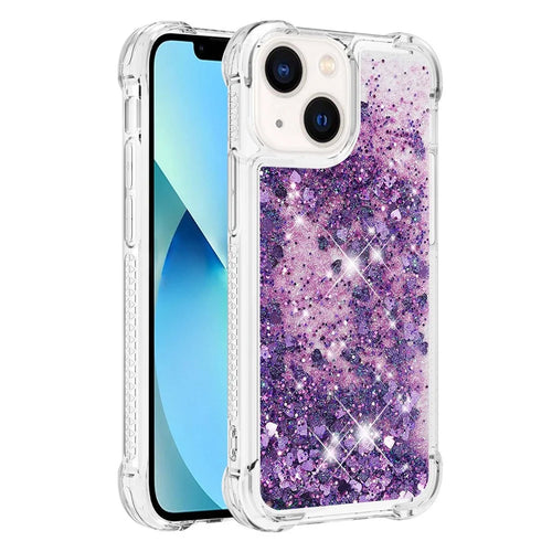 For iPhone 14 6.1 inch TPU Case Glitter Quicksand Shockproof Phone Back Cover - Dark Purple / Hearts - 1
