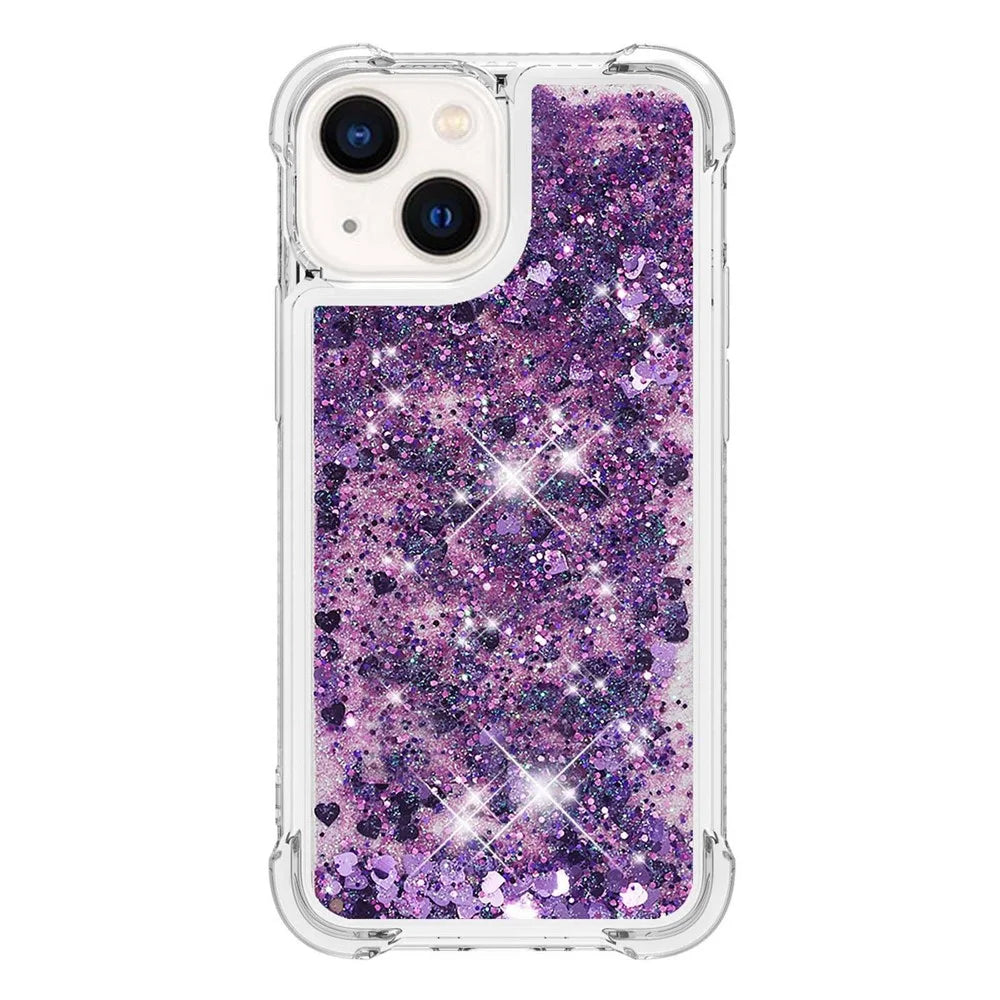 For iPhone 14 6.1 inch TPU Case Glitter Quicksand Shockproof Phone Back Cover - Dark Purple / Hearts - 2