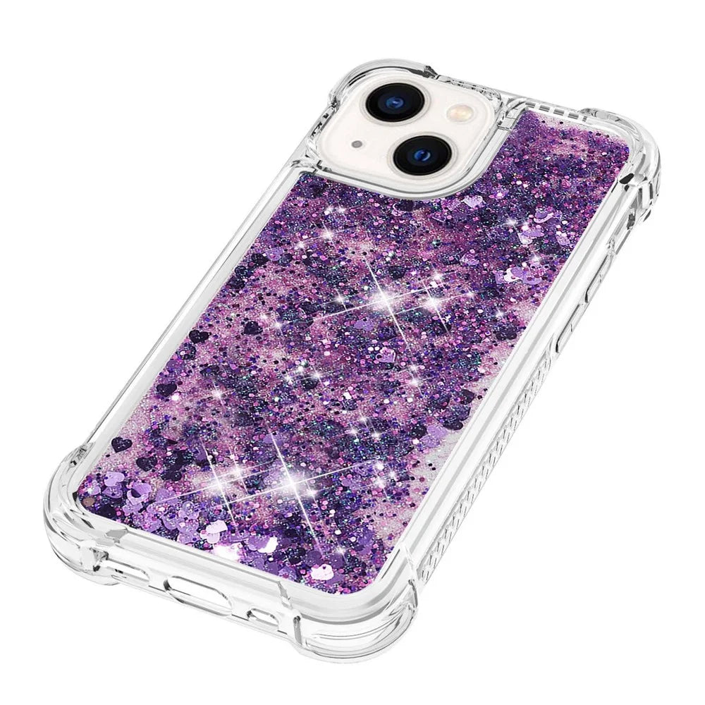 For iPhone 14 6.1 inch TPU Case Glitter Quicksand Shockproof Phone Back Cover - Dark Purple / Hearts - 3