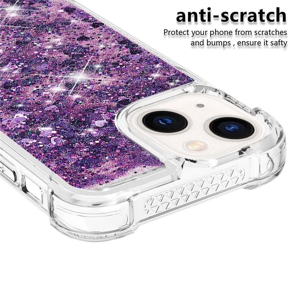 For iPhone 14 6.1 inch TPU Case Glitter Quicksand Shockproof Phone Back Cover - Dark Purple / Hearts - 4