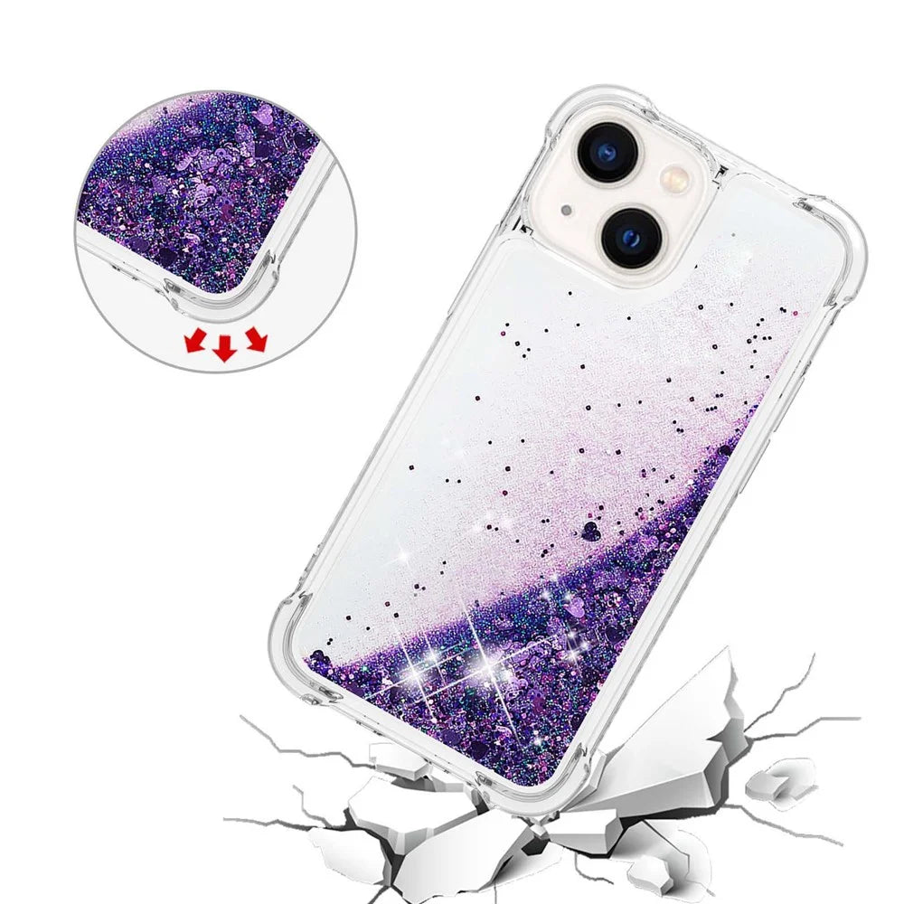 For iPhone 14 6.1 inch TPU Case Glitter Quicksand Shockproof Phone Back Cover - Dark Purple / Hearts - 5