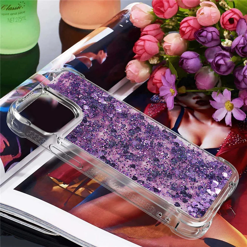 For iPhone 14 6.1 inch TPU Case Glitter Quicksand Shockproof Phone Back Cover - Dark Purple / Hearts - 6