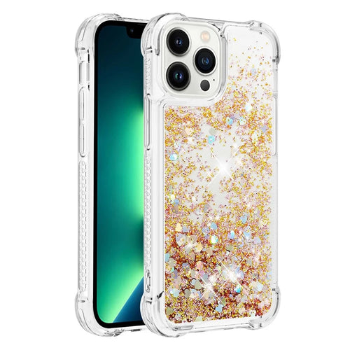 For iPhone 14 Pro 6.1 inch TPU Case Glitter Quicksand Shockproof Phone Back Cover - Gold / Hearts - 1