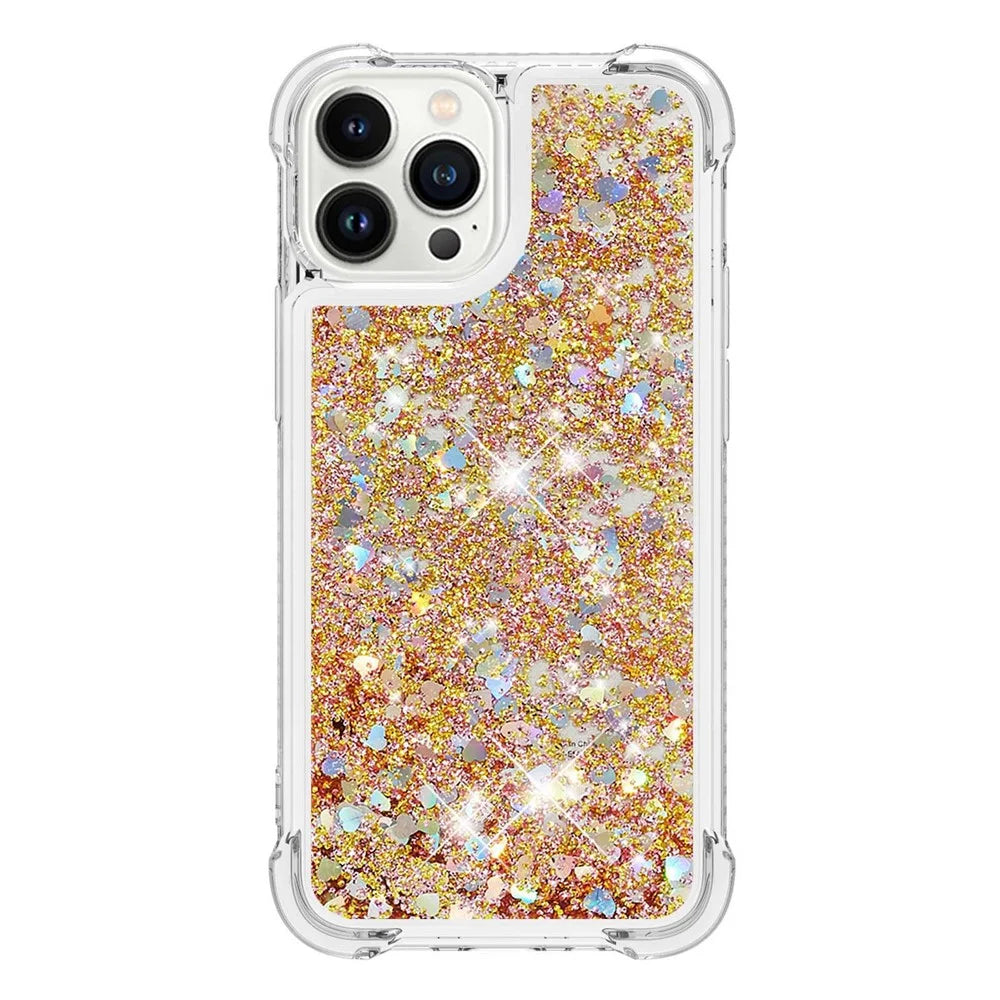 For iPhone 14 Pro 6.1 inch TPU Case Glitter Quicksand Shockproof Phone Back Cover - Gold / Hearts - 2