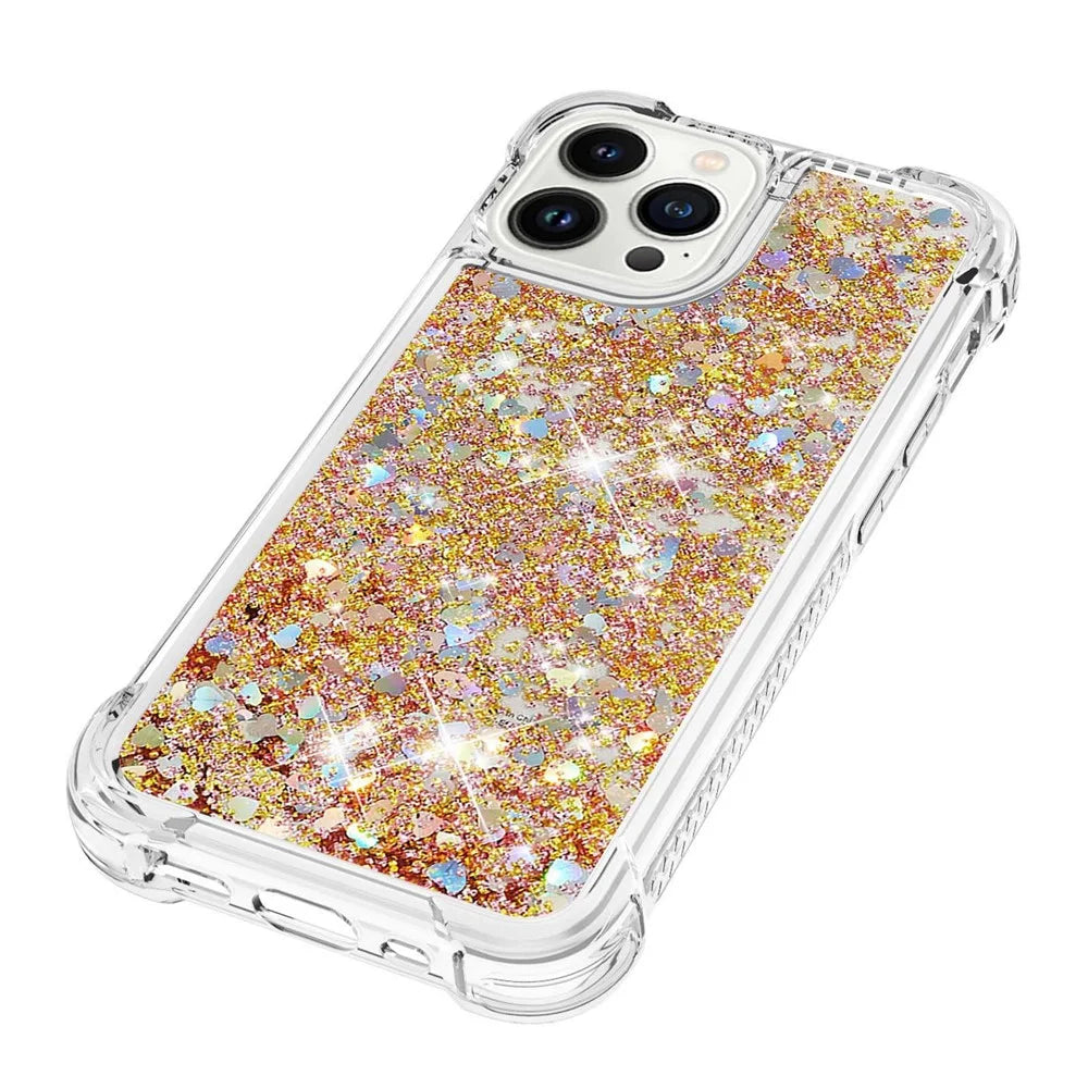 For iPhone 14 Pro 6.1 inch TPU Case Glitter Quicksand Shockproof Phone Back Cover - Gold / Hearts - 3