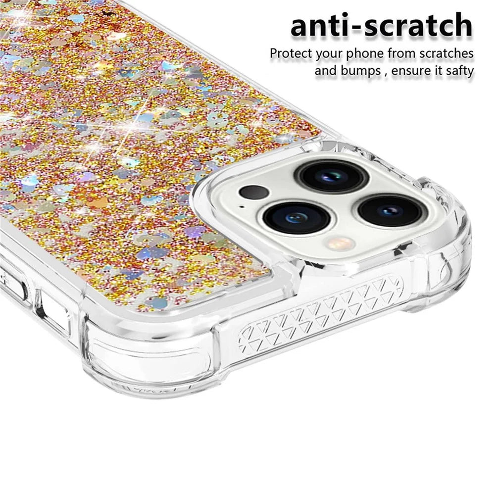 For iPhone 14 Pro 6.1 inch TPU Case Glitter Quicksand Shockproof Phone Back Cover - Gold / Hearts - 4