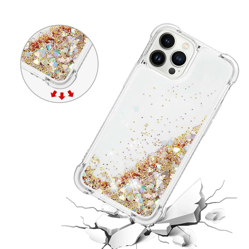For iPhone 14 Pro 6.1 inch TPU Case Glitter Quicksand Shockproof Phone Back Cover - Gold / Hearts - 5