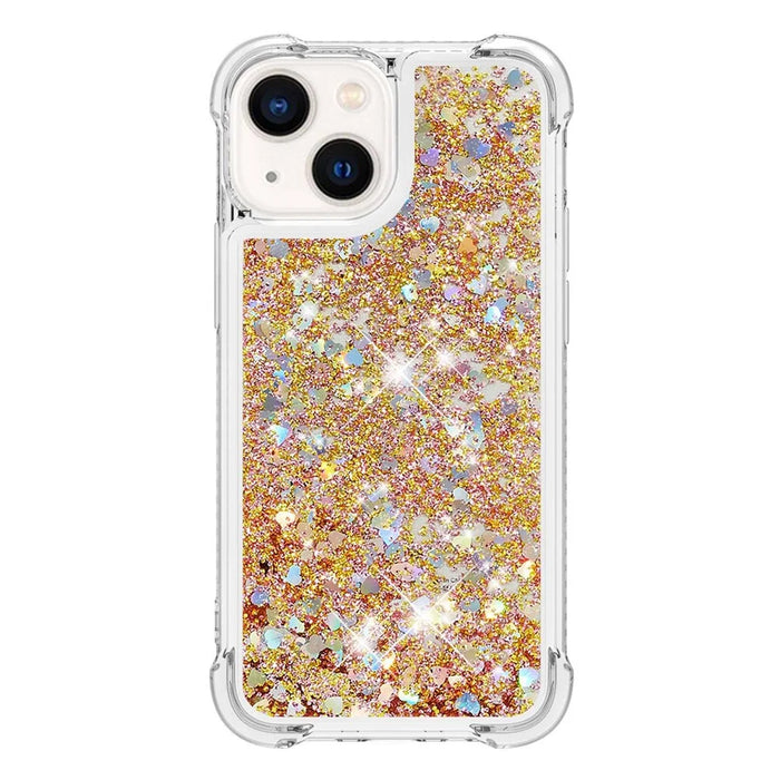 For iPhone 14 Plus TPU Case Glitter Quicksand Shockproof Phone Back Cover - Gold / Hearts - 2