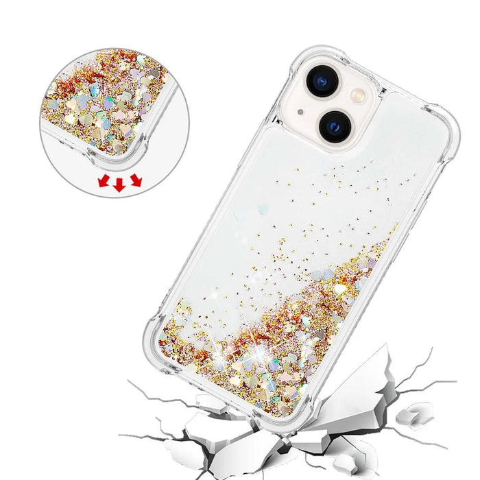 For iPhone 14 Plus TPU Case Glitter Quicksand Shockproof Phone Back Cover - Gold / Hearts - 5