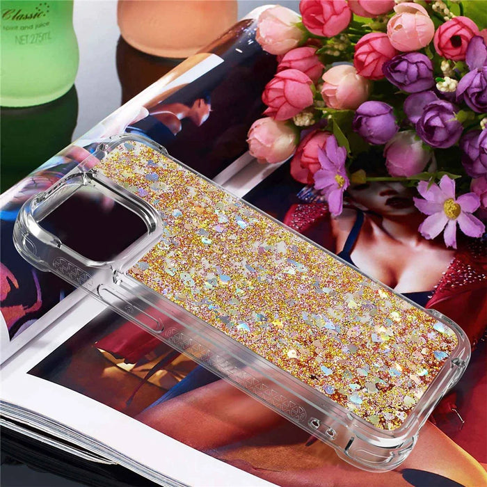 For iPhone 14 Plus TPU Case Glitter Quicksand Shockproof Phone Back Cover - Gold / Hearts - 6