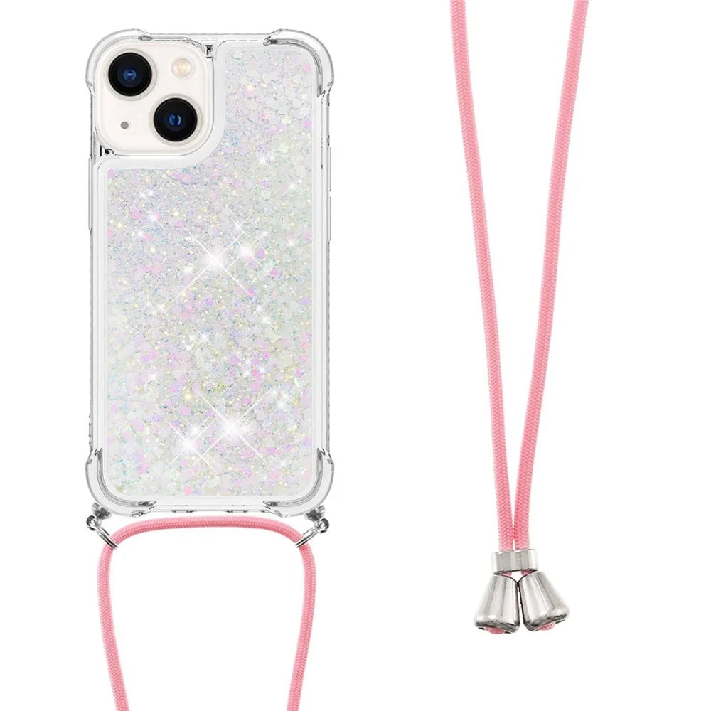 For iPhone 14 TPU Case Quicksand Design Phone Cover with Lanyard - Laser / Hearts - 1