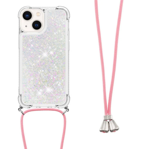 For iPhone 14 TPU Case Quicksand Design Phone Cover with Lanyard - Laser / Hearts - 1
