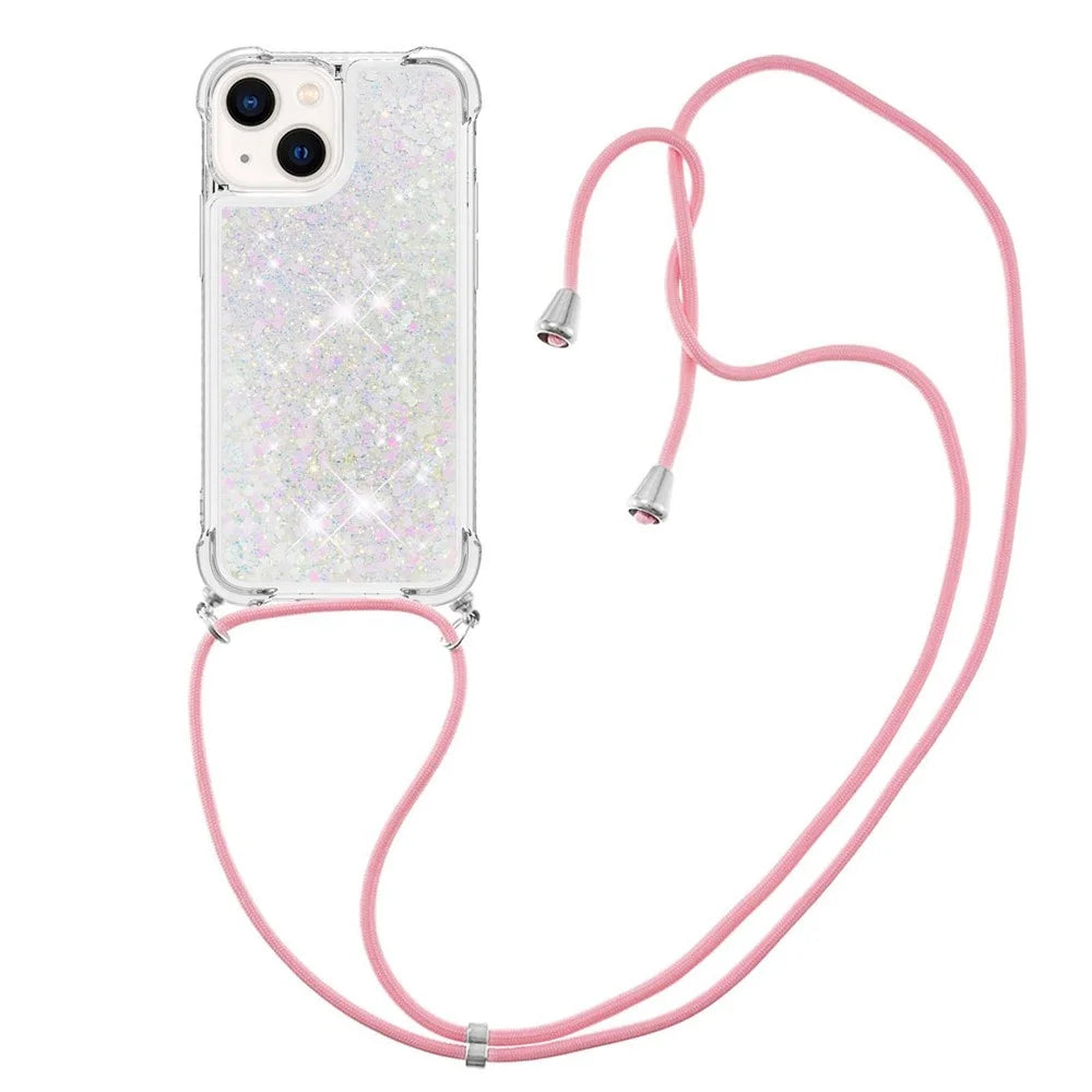 For iPhone 14 TPU Case Quicksand Design Phone Cover with Lanyard - Laser / Hearts - 2