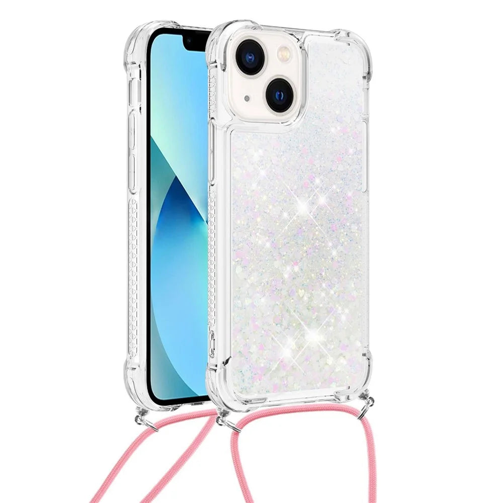 For iPhone 14 TPU Case Quicksand Design Phone Cover with Lanyard - Laser / Hearts - 3