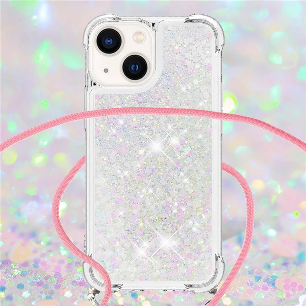 For iPhone 14 TPU Case Quicksand Design Phone Cover with Lanyard - Laser / Hearts - 4