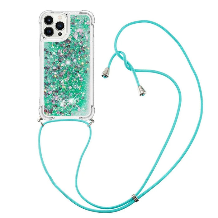 For iPhone 14 Pro TPU Case Quicksand Design Phone Cover with Lanyard - Green / Hearts - 3