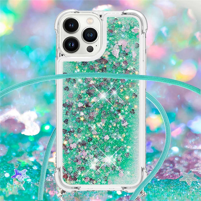 For iPhone 14 Pro TPU Case Quicksand Design Phone Cover with Lanyard - Green / Hearts - 4