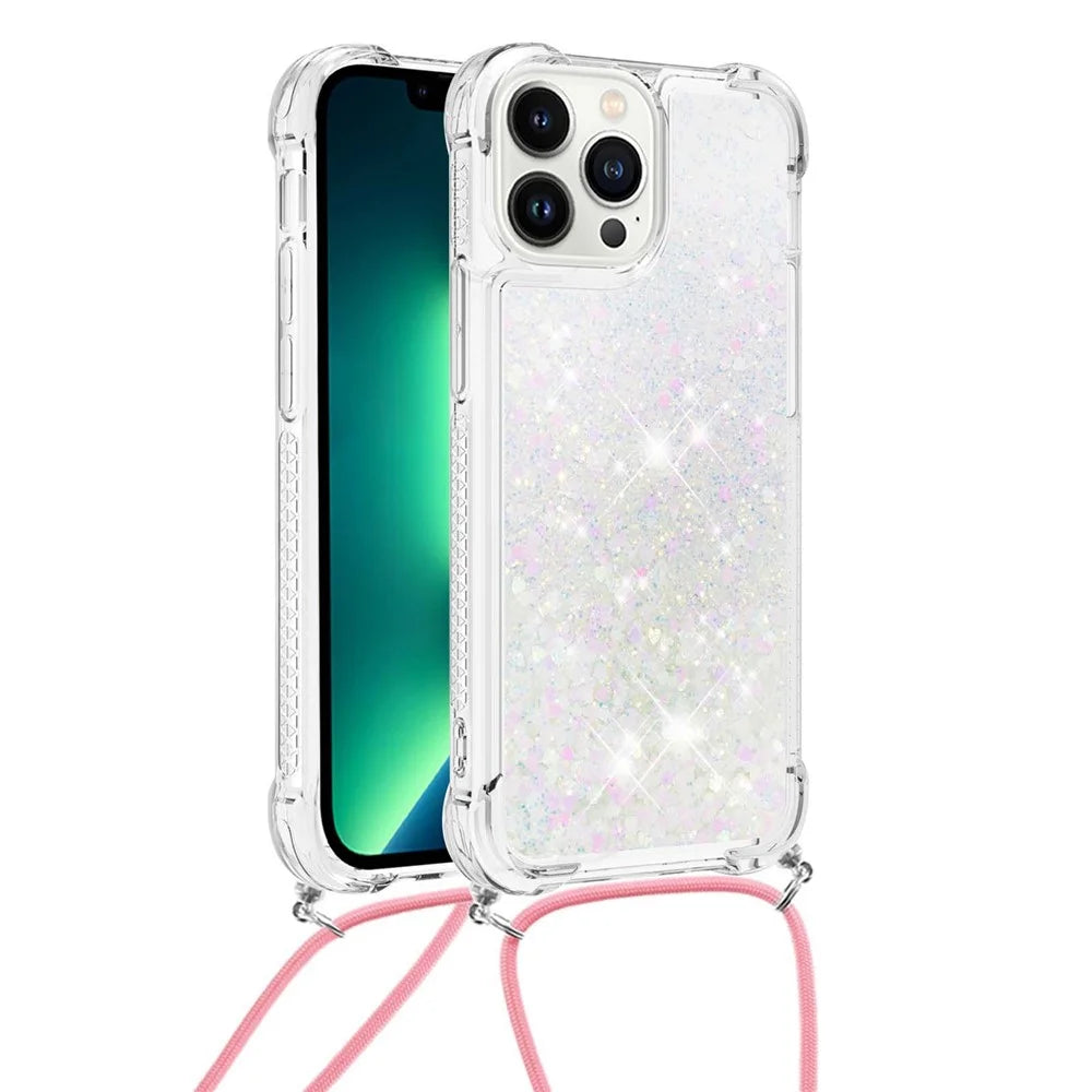 For iPhone 14 Pro Max TPU Case Quicksand Design Phone Cover with Lanyard - Laser / Hearts - 1