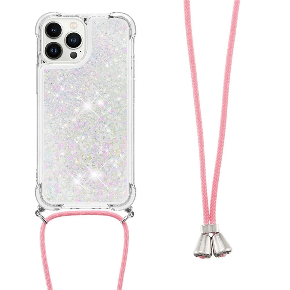 For iPhone 14 Pro Max TPU Case Quicksand Design Phone Cover with Lanyard - Laser / Hearts - 2