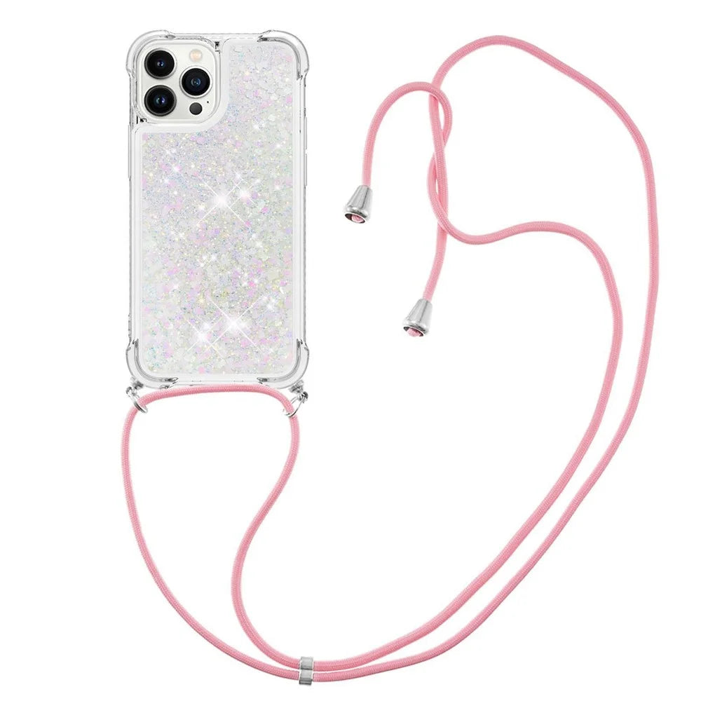 For iPhone 14 Pro Max TPU Case Quicksand Design Phone Cover with Lanyard - Laser / Hearts - 3