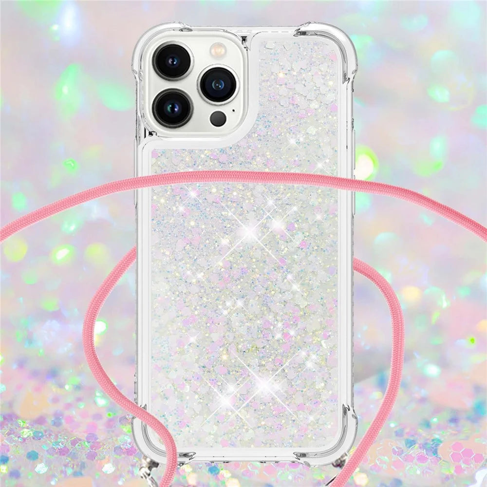 For iPhone 14 Pro Max TPU Case Quicksand Design Phone Cover with Lanyard - Laser / Hearts - 4