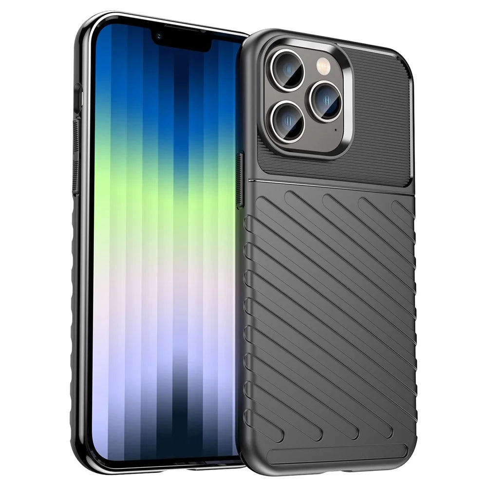 For iPhone 14 Pro Max 6.7 inch Thunder Series Thickened TPU Well-protected Phone Case Twill Texture Anti-scratch Back Cover - Black - 1