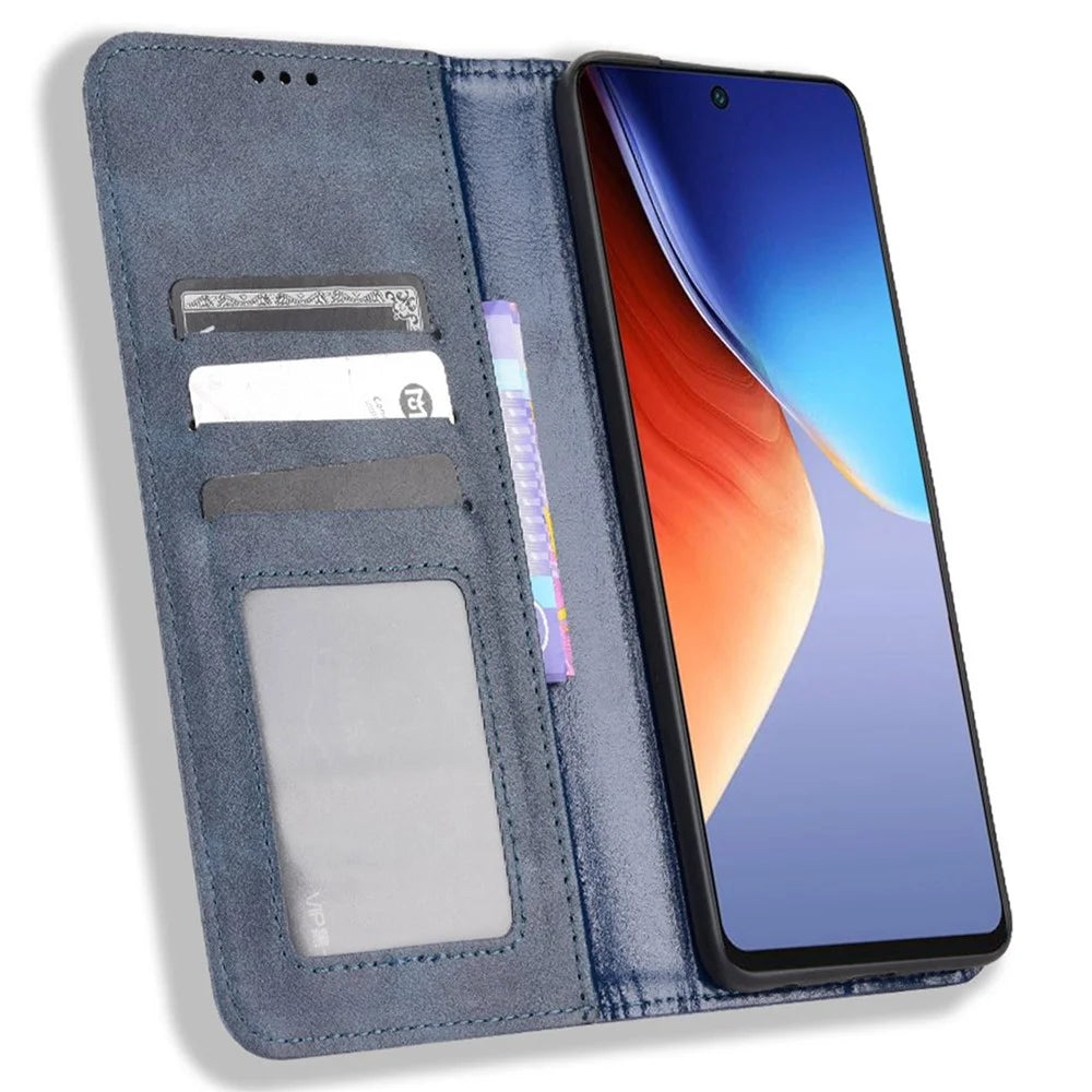 For TECNO Camon 19 4G Full Coverage Auto Closing Magnetic Folio Flip Retro PU Leather Wallet Case Stand Function Phone Shell Cover - Blue - 2