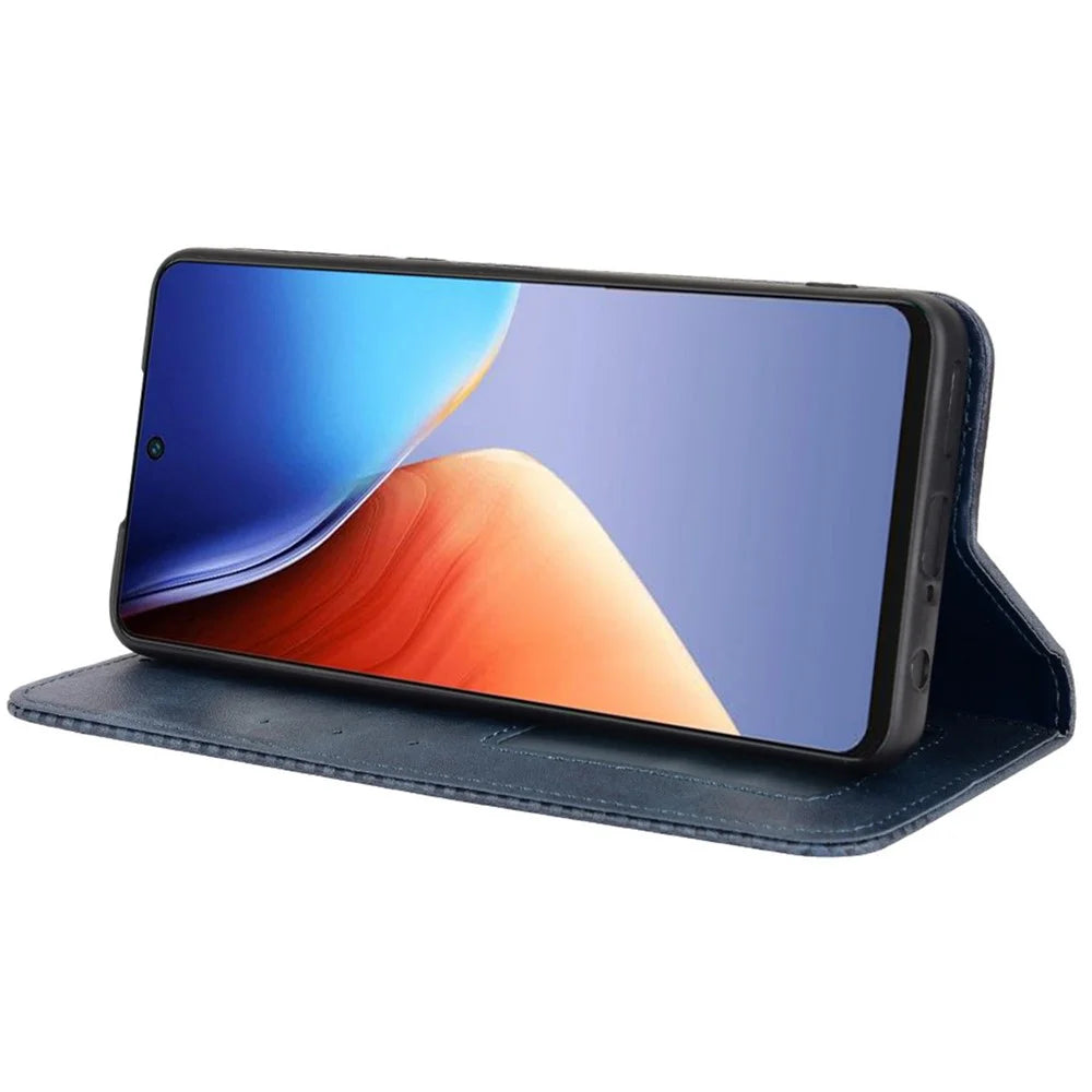 For TECNO Camon 19 4G Full Coverage Auto Closing Magnetic Folio Flip Retro PU Leather Wallet Case Stand Function Phone Shell Cover - Blue - 3