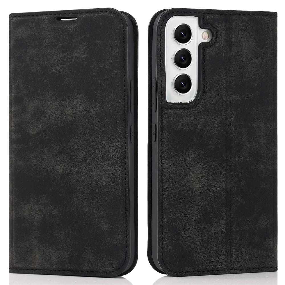For Samsung Galaxy S22 5G Shockproof RFID Blocking PU Leather Phone Case Auto Closing Magnetic Anti-scratch Phone Cover - Black - 1