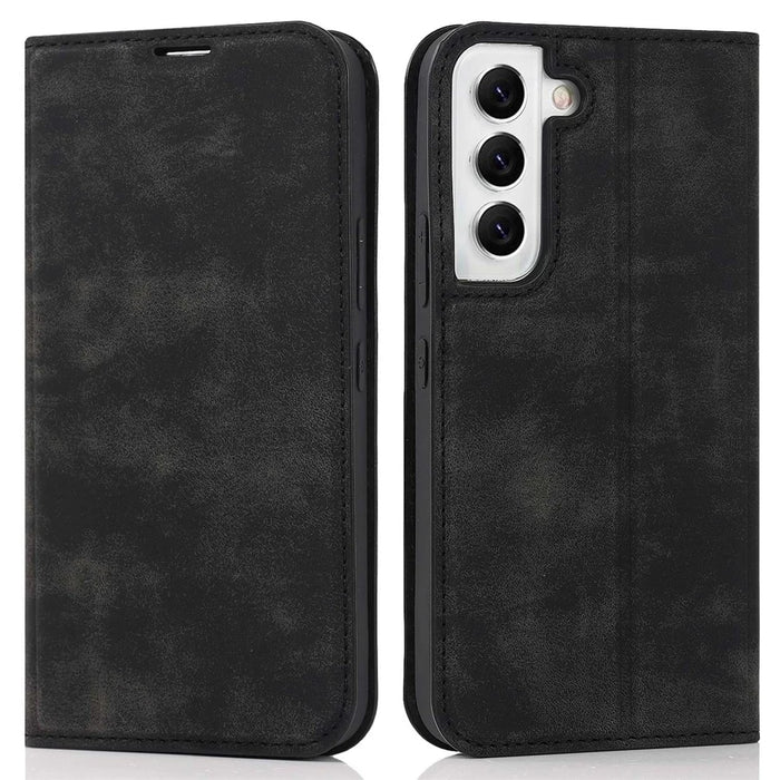 For Samsung Galaxy S22 5G Shockproof RFID Blocking PU Leather Phone Case Auto Closing Magnetic Anti-scratch Phone Cover - Black - 1