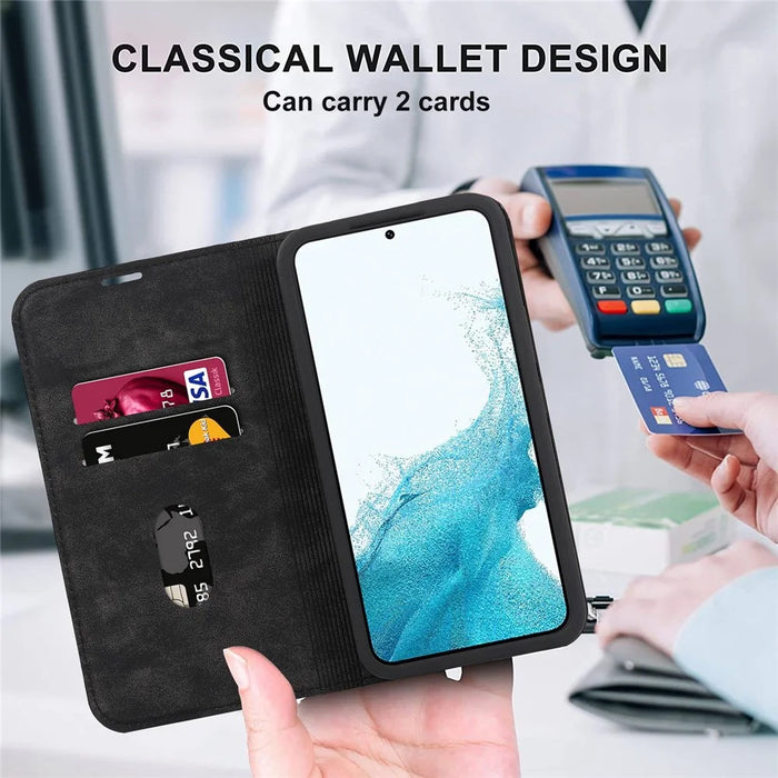 For Samsung Galaxy S22 5G Shockproof RFID Blocking PU Leather Phone Case Auto Closing Magnetic Anti-scratch Phone Cover - Black - 4