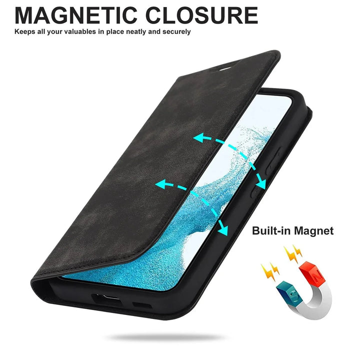 For Samsung Galaxy S22 5G Shockproof RFID Blocking PU Leather Phone Case Auto Closing Magnetic Anti-scratch Phone Cover - Black - 5