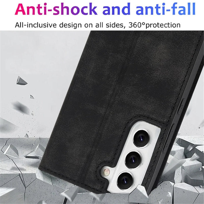 For Samsung Galaxy S22 5G Shockproof RFID Blocking PU Leather Phone Case Auto Closing Magnetic Anti-scratch Phone Cover - Black - 6