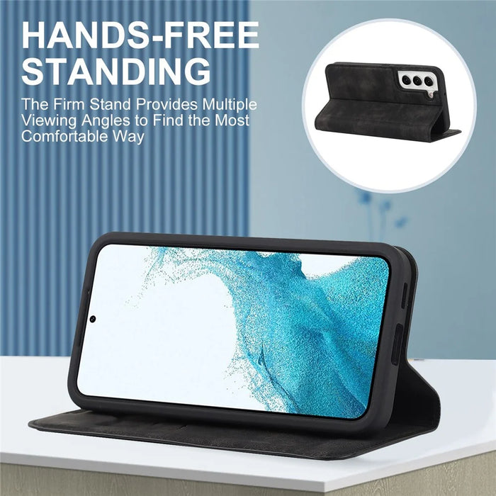 For Samsung Galaxy S22 5G Shockproof RFID Blocking PU Leather Phone Case Auto Closing Magnetic Anti-scratch Phone Cover - Black - 7